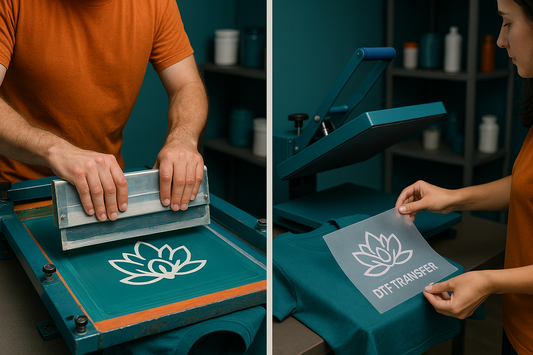 a person using a screen printer and another person applying a dtf transfer - Full Resolution Transfers