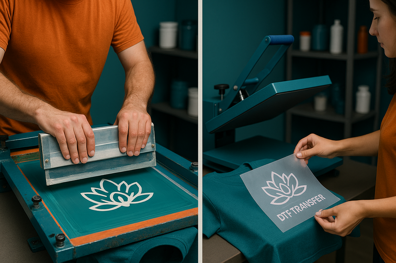 a person using a screen printer and another person applying a dtf transfer - Full Resolution Transfers
