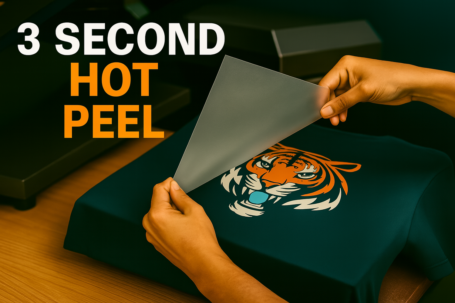 Person applying a DTF transfer tiger logo to a green shirt with text '3 Second Hot Peel' - Full Resolution Transfers