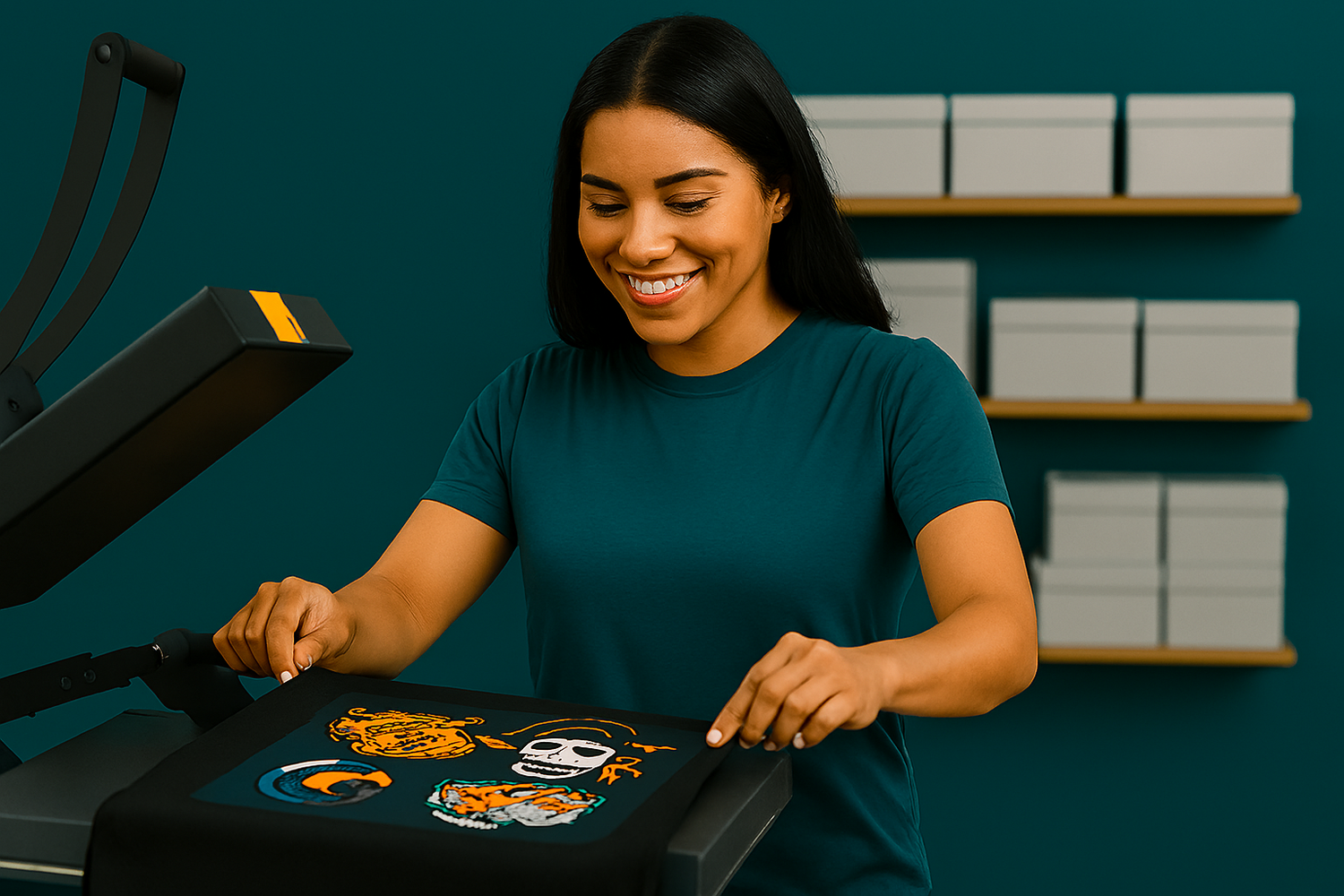 EMPLOYEE HEAT PRESSING A DTF TRANSFER FROM FULL RESOLUTION TRANSFERS