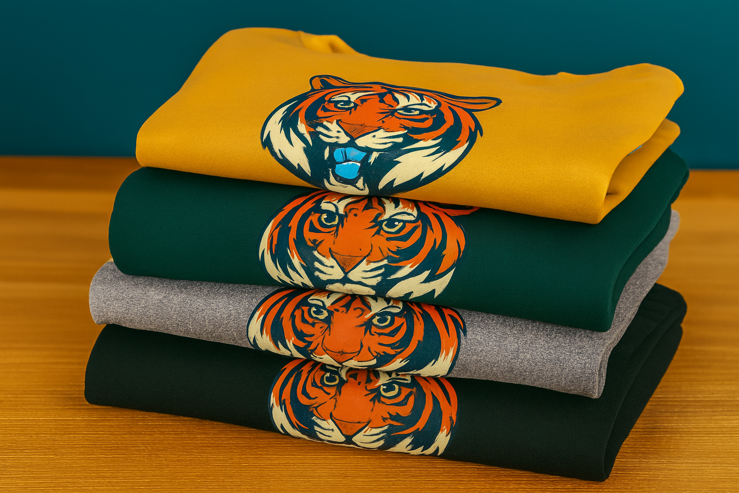 STACK OF SHIRTS WITH DTF TRANSFER TIGER LOGO PRINTED ON SHIRTS - FULL RESOLUTION TRANSFERS