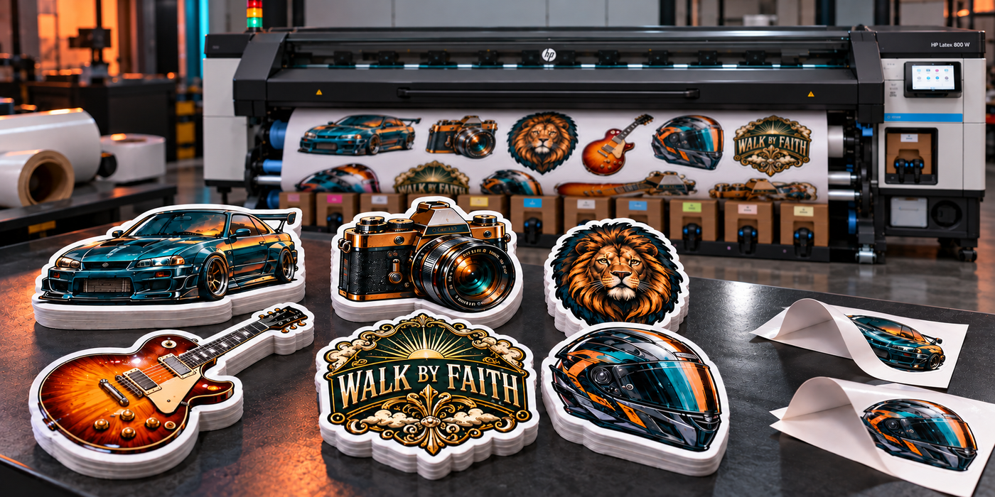 Illustration of detailed automotive, photography, music and faith vinyl stickers beside a wide-format printer, in teal, charcoal and warm orange.