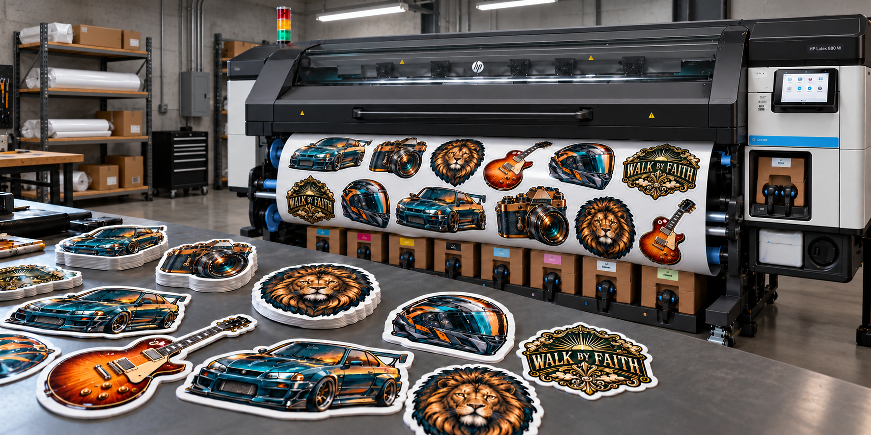 Illustration of colorful custom vinyl stickers on a wide-format printer and finished die-cut stickers on a workbench.